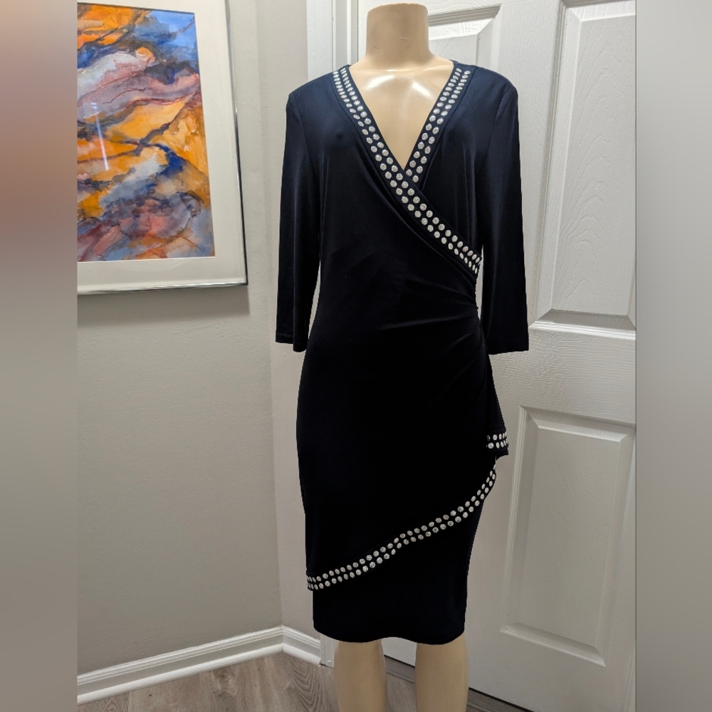 NWT! Women's Joseph Ribkoff Midnight Blue Silver Studded Detail Wrap Dress-8
